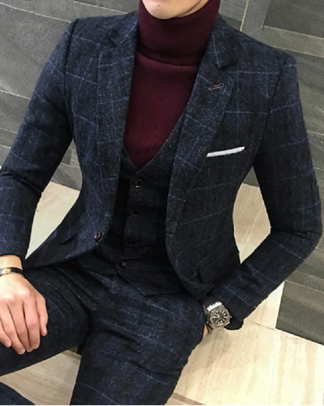 Best black tie tuxedo suit for men -New Style Designs Navy Blue 3 Pieces 2023 Men British Mens Suit ,Autumn Winter Slim Fit Plaid Wedding Dress Tuxedos CB10190