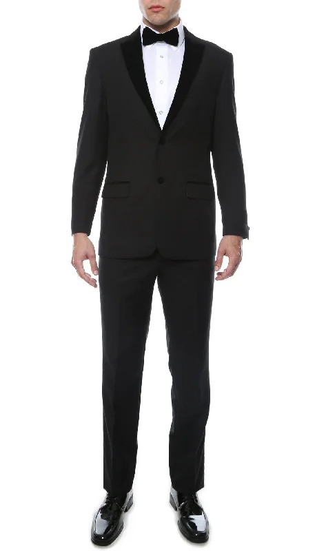 Men's custom tuxedo jacket with satin lapel -Noir Black Slim Velvet Peak Lapel 2 Piece Tuxedo