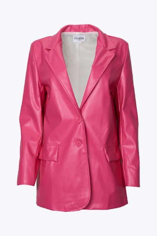 Best wedding tuxedos for grooms -Oversized Single-Breasted Vegan Leather Blazer In Hot Pink