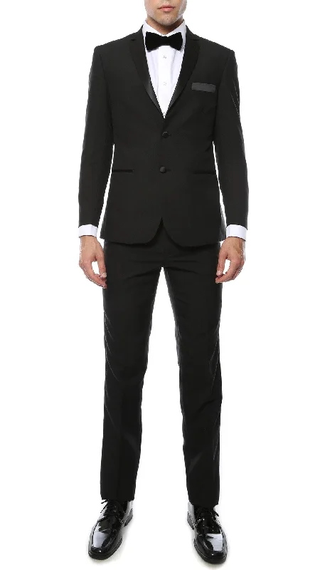 Men's designer navy tuxedo for wedding -Paul Lorenzo Mens Black Slim Fit 2 Piece Tuxedo