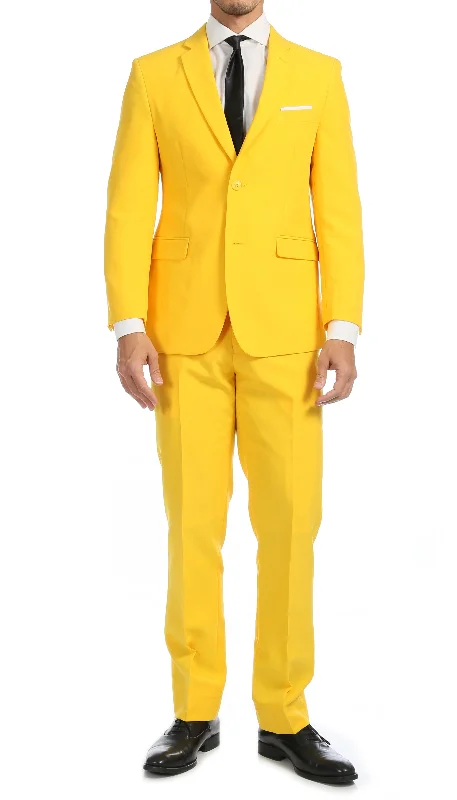 Men's wool tuxedo jacket for office -Paul Lorenzo Mens Yellow Slim Fit 2 Piece Suit