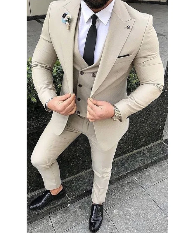 Men's slim fit tuxedo with vest -Peak Lapel Beige Wedding Tuxedo Three Pieces Groom Suits CB674