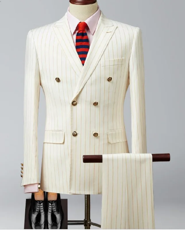 Men's formal office tuxedo suit -Peak Lapel Double Breast Beige Stripe Men Wedding Suit for Men 2 Pieces(Jacket + pants )