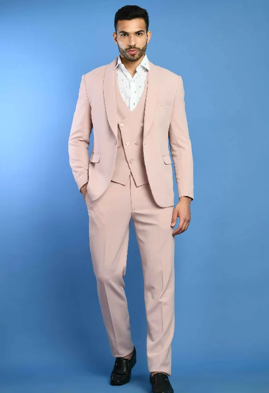 Men's luxurious slim fit tuxedo -Pink Solid Knitted Smart Fit Suit