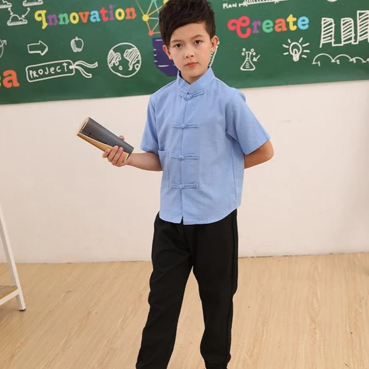 Men's blue wool tuxedo for business event -Retro Chinese Style School Uniform Short Sleeve Kid's Suit