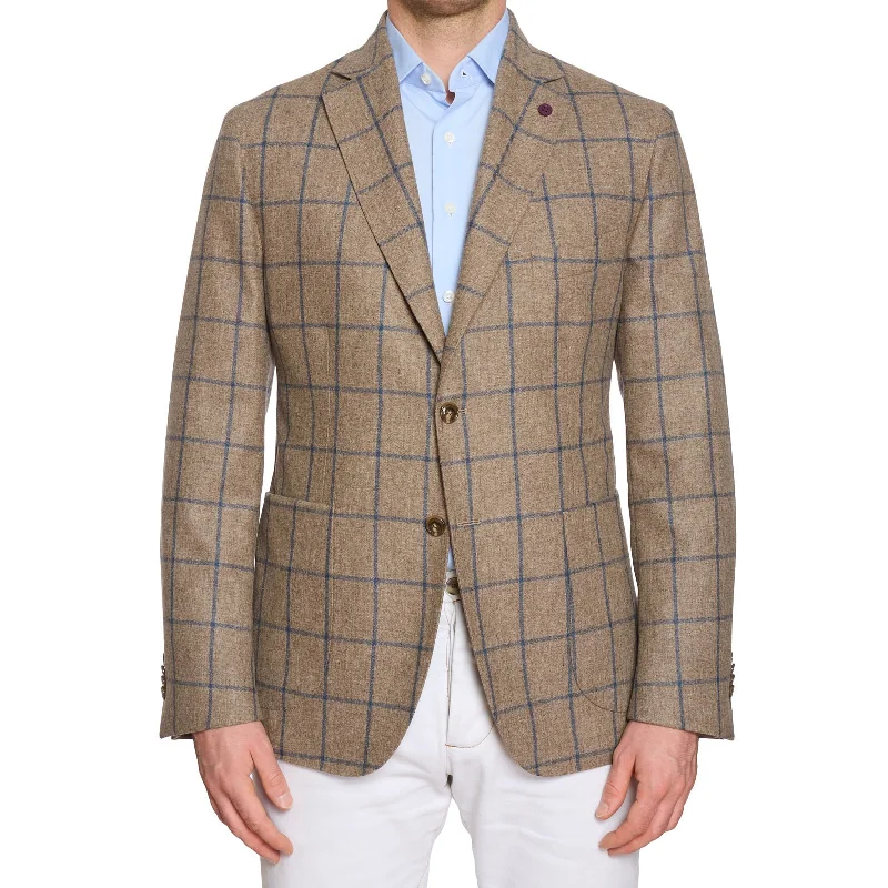 Men's checkered tuxedo with satin collar -SARTORIA PARTENOPEA Beige Windowpane Wool-Cashmere Jacket Blazer EU 52 NEW US 42 Current Model