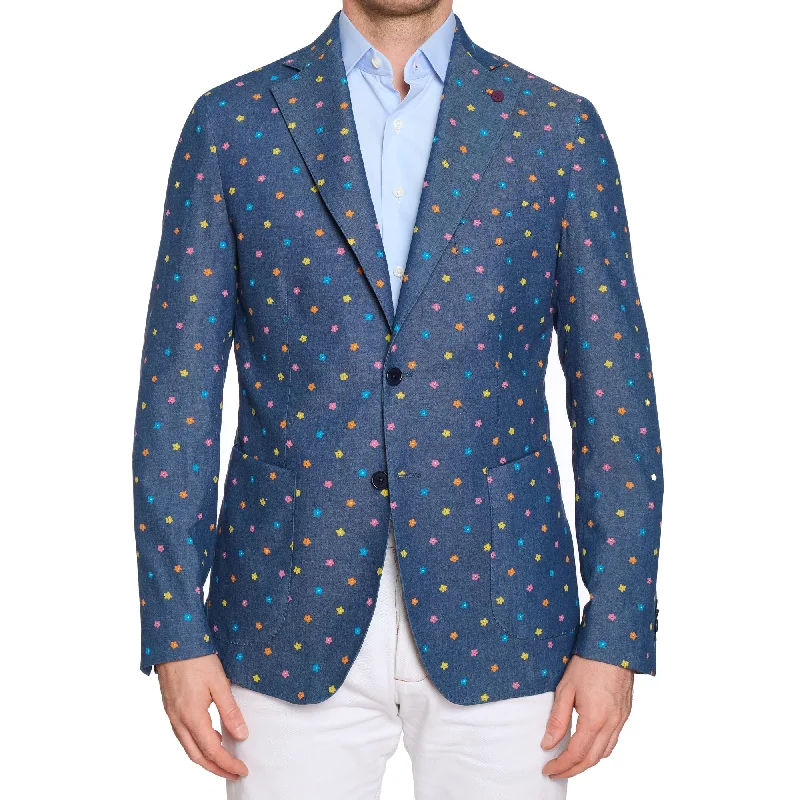 Men's slim business formal tuxedo -SARTORIA PARTENOPEA Blue Floral Denim Jacket Blazer EU 50 NEW US 40 Current Model