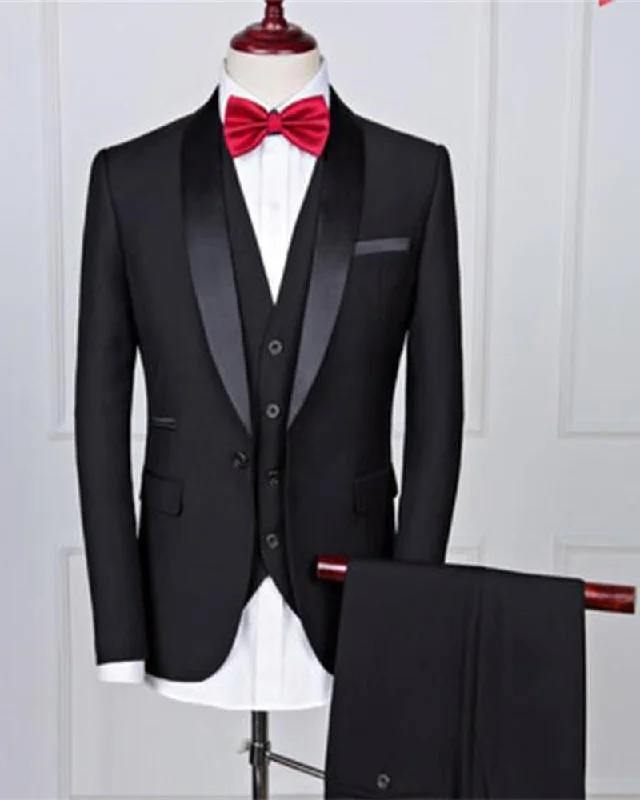 Men's office formal wool tuxedo -Shawl Lapel Black Groom Men One Button  Wedding Suit 3 Pieces (Jacket+vest +pants)