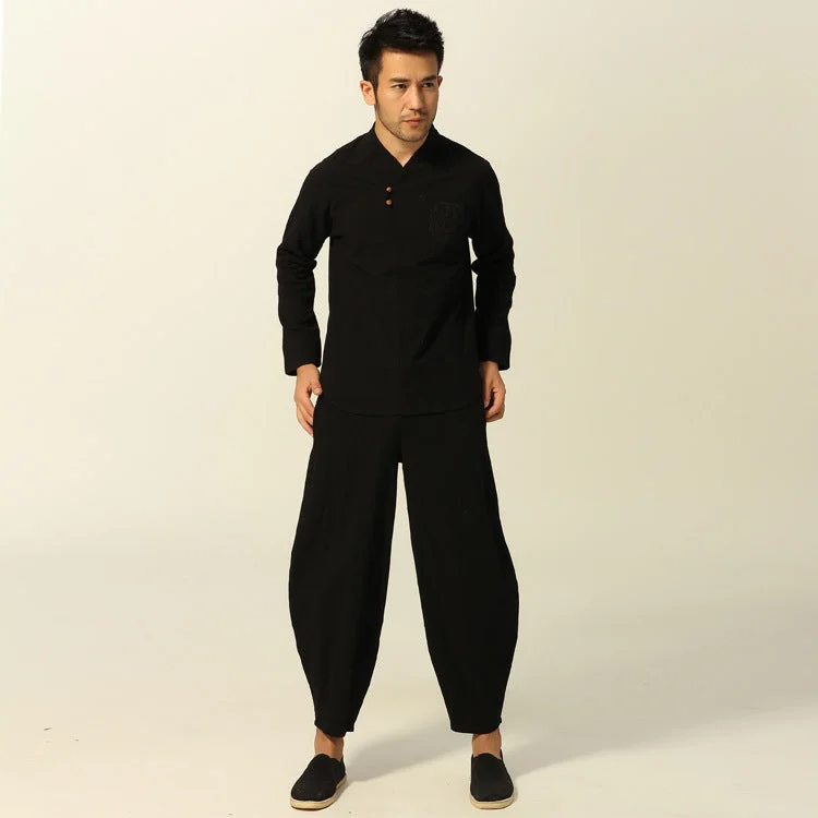 Men's wool tuxedo for wedding guests -Signature Cotton Chinese Kung Fu Suit Han Costume with Harem Pants