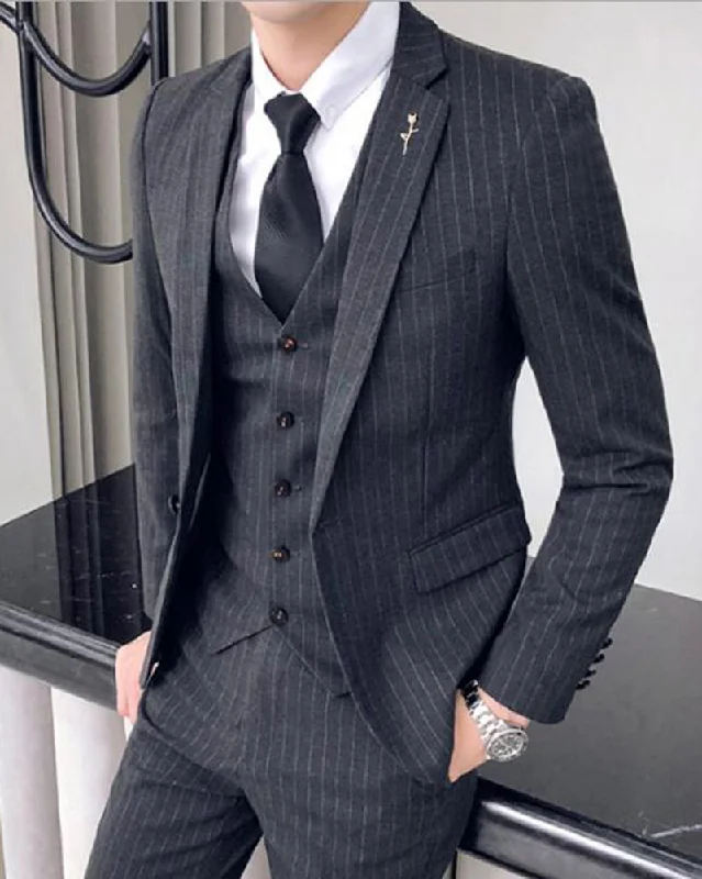 Men's premium slim fit tuxedo suit -Slim Fit 3 Pieces Dark Grey Pinstripe Suits ,Wedding Suits Gray Men's Business /Dinner Suit CB06161