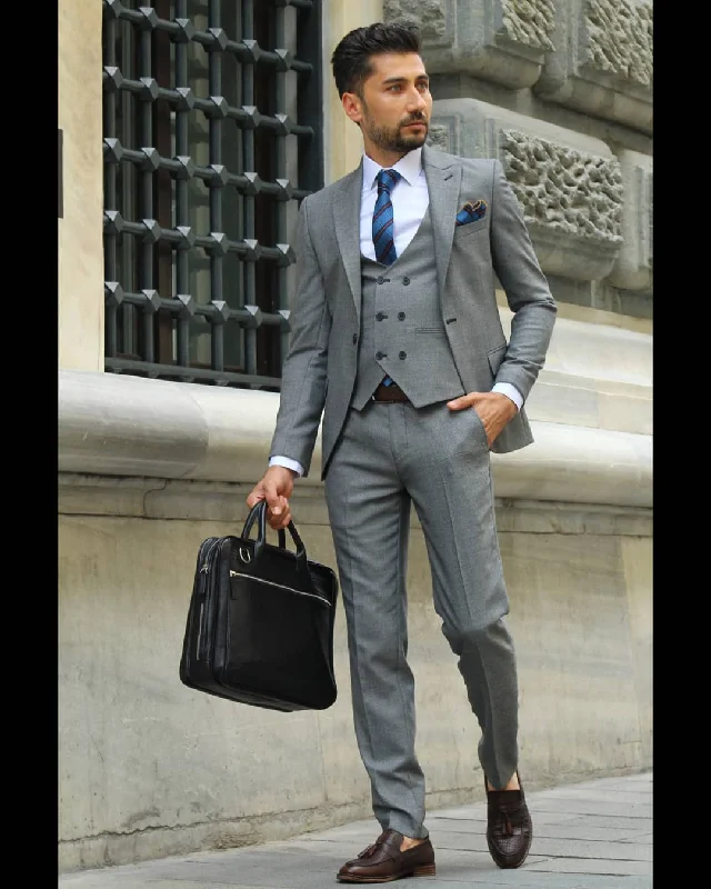 Men's wool tuxedo jacket for weddings -Slim Fit Tailor Made Groomsmen Wedding Outfits 3 Pieces Gray Suits for Men PL10914