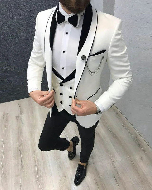 Men's slim fit blue wool tuxedo -Slim Fit Ivory/Black  Wedding Suit for Men Costume Homme 3 Pieces  CB3210