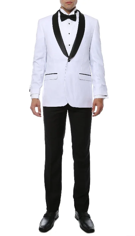 Men's wool tuxedo jacket for office -Ferrecci Slim White & Black Satin Shawl Collar Tuxedo Jacket With Black Pants