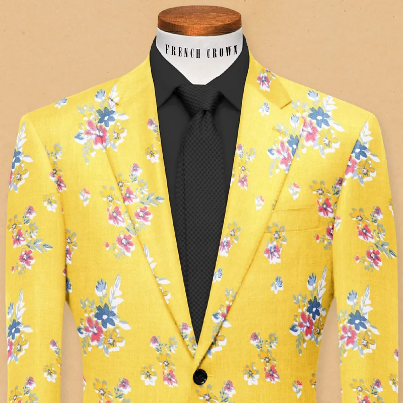 Men's slim fit velvet tuxedo -Sunshine yellow Flower Print Designer Blazer