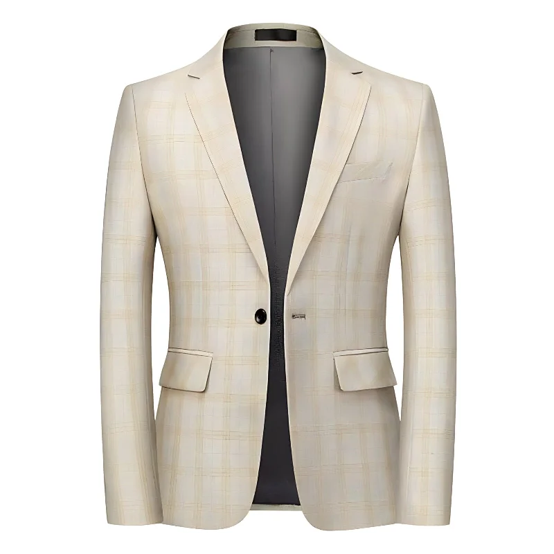 Men's slim fit wool wedding tuxedo -The Alain Plaid Slim Fit Blazer Suit Jacket - Sand