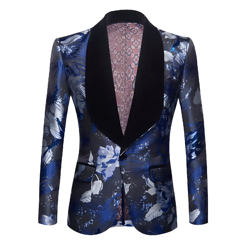 Men's classic black tuxedo with satin lapels -The Bastien Jacquard Slim Fit Blazer Suit Jacket - Indigo