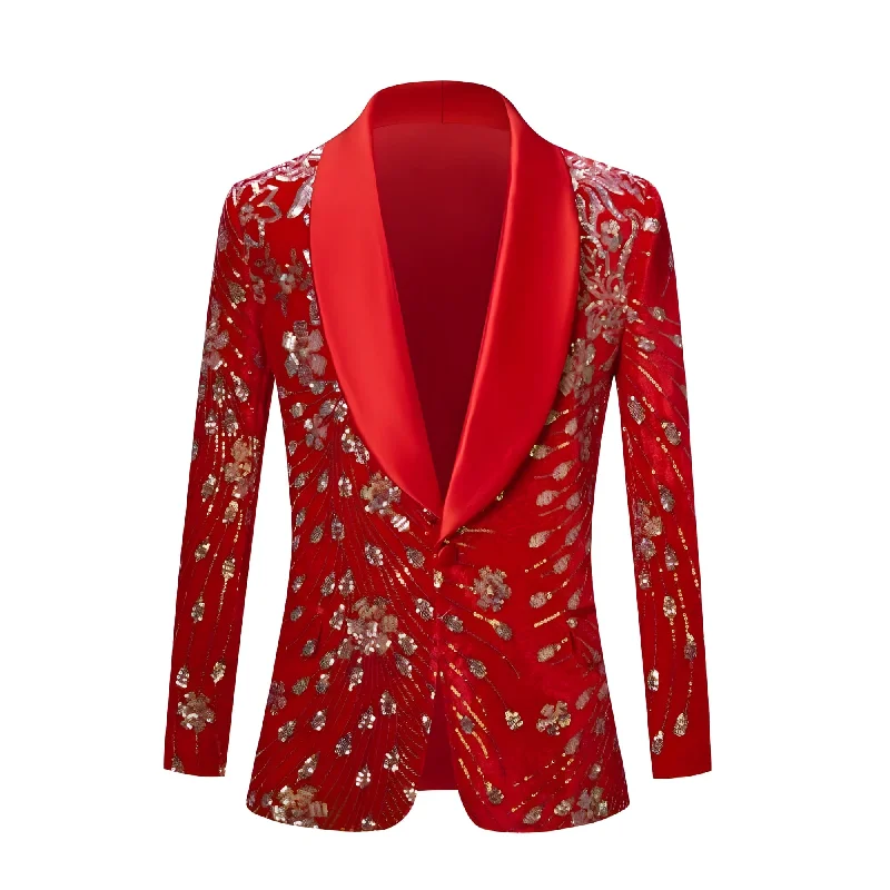 Men's formal navy tuxedo jacket -The Blaise Velvet Sequin Slim Fit Blazer Suit Jacket - Cherry Red