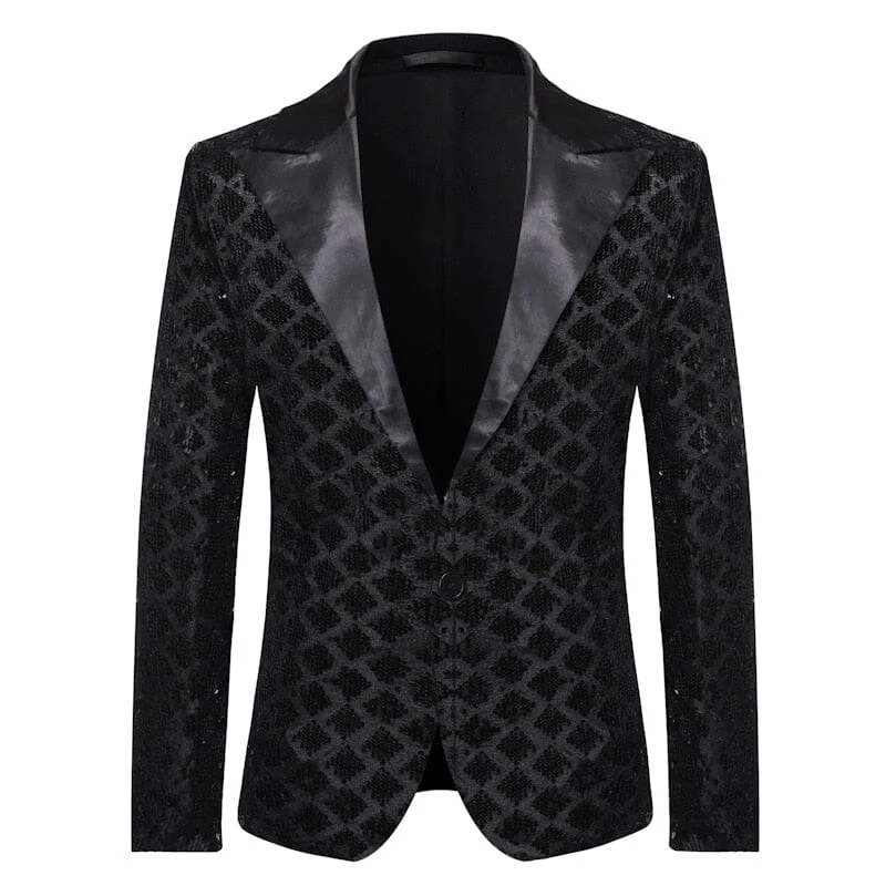 Men's slim fit grey tuxedo -The Damond Sequin Slim Fit Blazer Suit Jacket - Jet Black