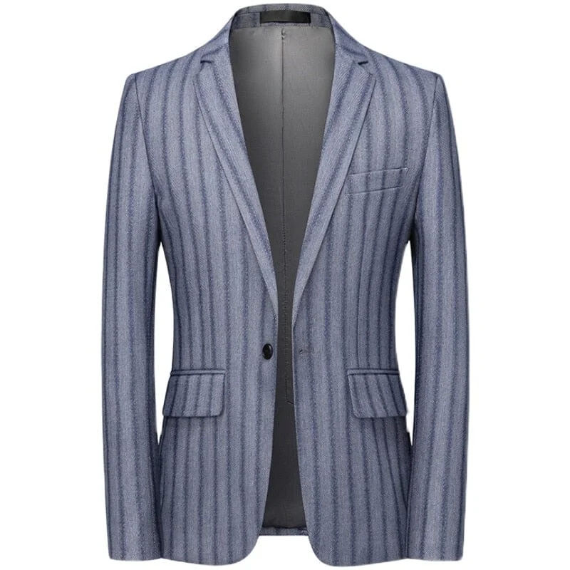 Affordable wedding tuxedo rental -The Denis Striped Slim Fit Blazer Suit Jacket