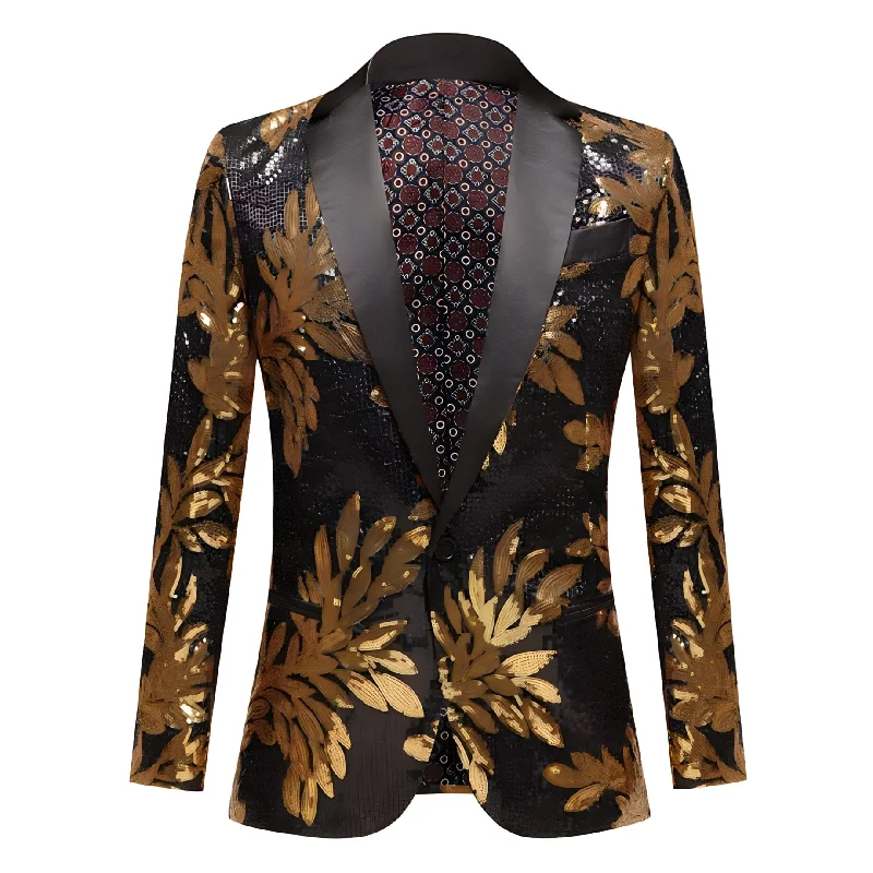 Men's business tuxedo with satin finish -The Golden Palm Sequin Slim Fit Blazer Suit Jacket