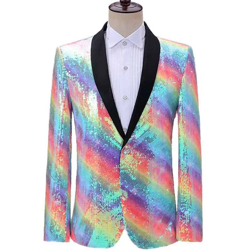 Men's formal navy business tuxedo -The Rainbow Sequin Slim Fit Blazer Suit Jacket