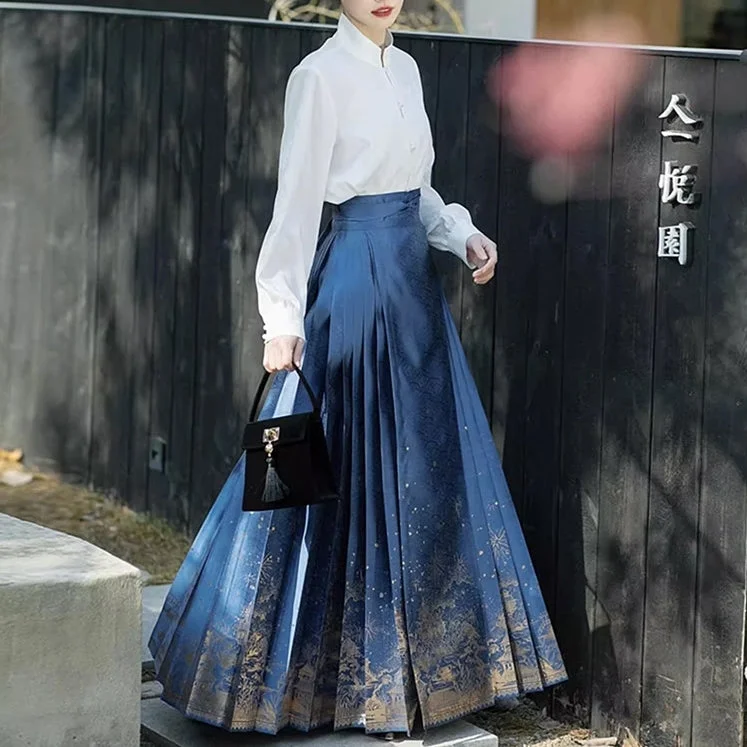 Men's navy wool wedding tuxedo -Traditional Chinese Hanfu Shirt and Horse-Face Skirt 2-Piece Set