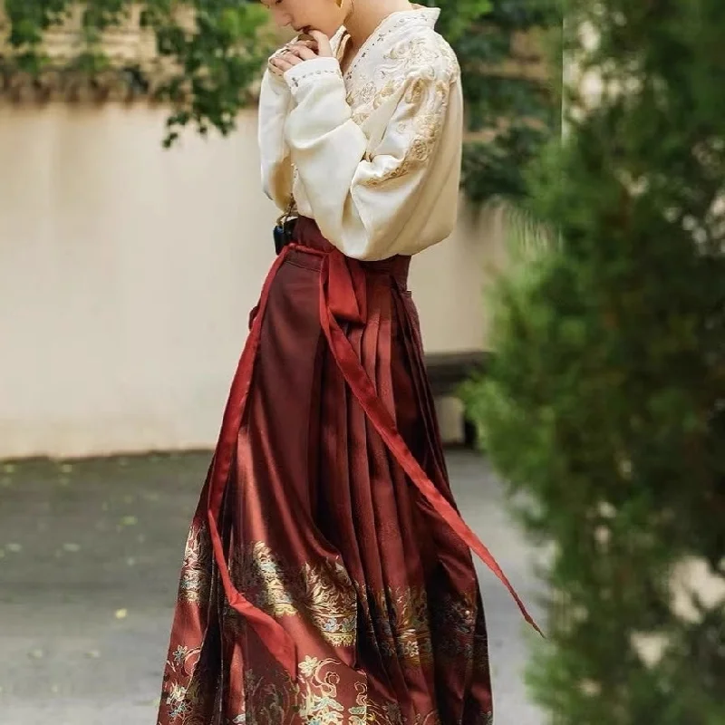 Men's luxury wedding tuxedo jacket -Traditional Chinese V Neck Hanfu Shirt and Horse-Face Skirt 2-Piece Set