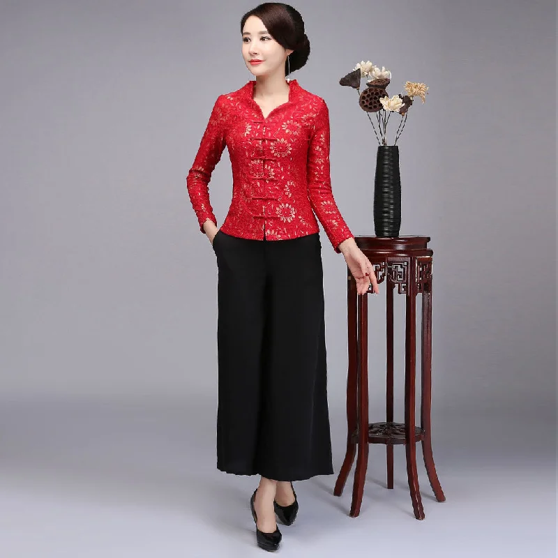 Men's modern black wool tuxedo -V Neck Lace Cheongsam Top with Long Pantskirt