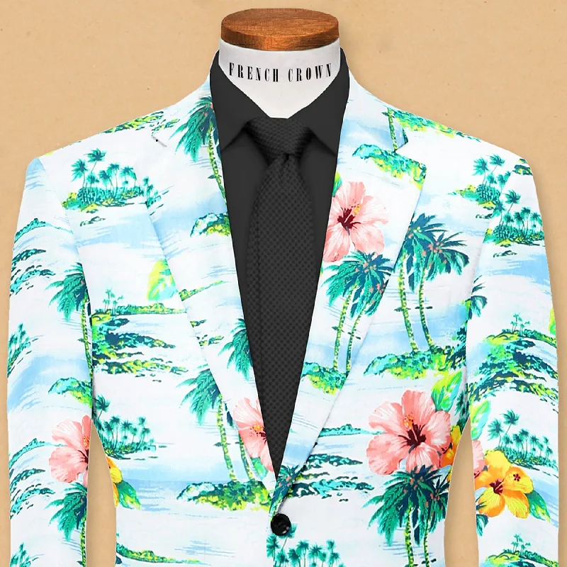 Men's wool business wedding suit -White Based Colorful Tropical Print Designer Blazer