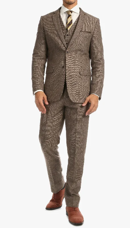 Men's designer three-piece wedding tuxedo -York Brown 3 Piece Herringbone Suit