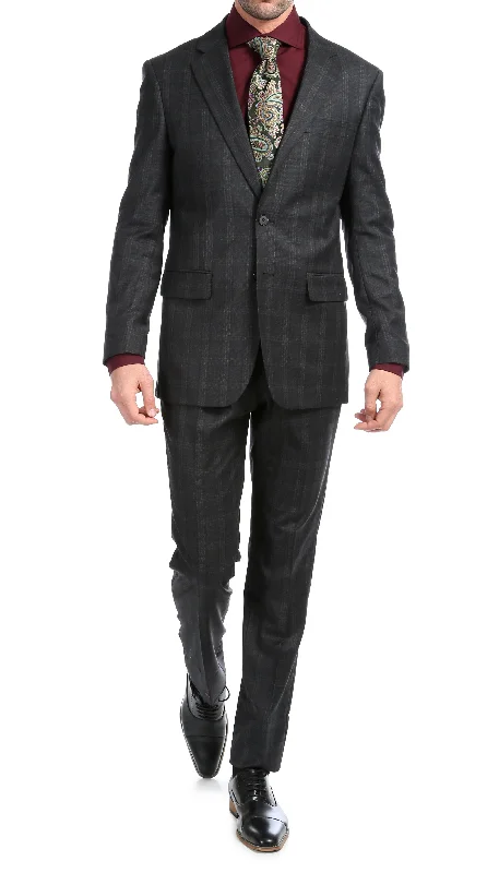 Men's designer three-piece wedding tuxedo -Yves Black Plaid Check Men's Premium 2 Piece Wool Slim Fit Suit