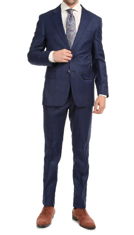 Men's wool tuxedo for wedding guests -Yves Blue Plaid Check Men's Premium 2 Piece Wool Slim Fit Suit